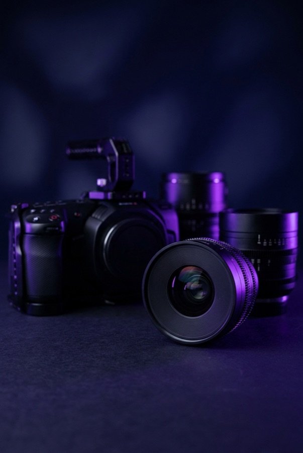 Cinema camera and lenses in studio lighting